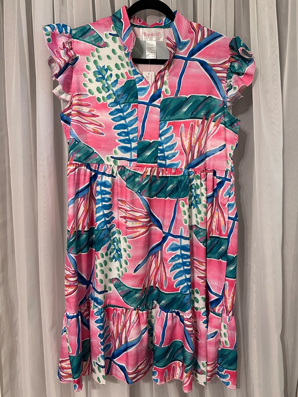 Pink Blue Green Tropical Print Ruffle-Sleeve V-Neck Dress Size L